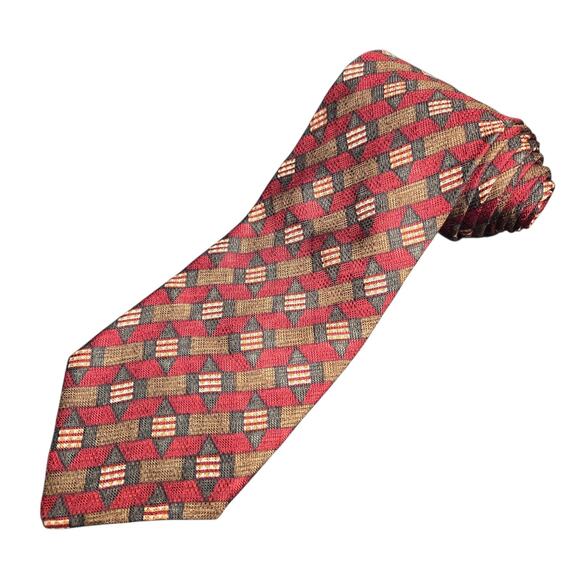 ERMENEGILDO ZEGNA Men Tie 100 Silk Red Green Geometric Italy Luxury Modern Style - Picture 2 of 8